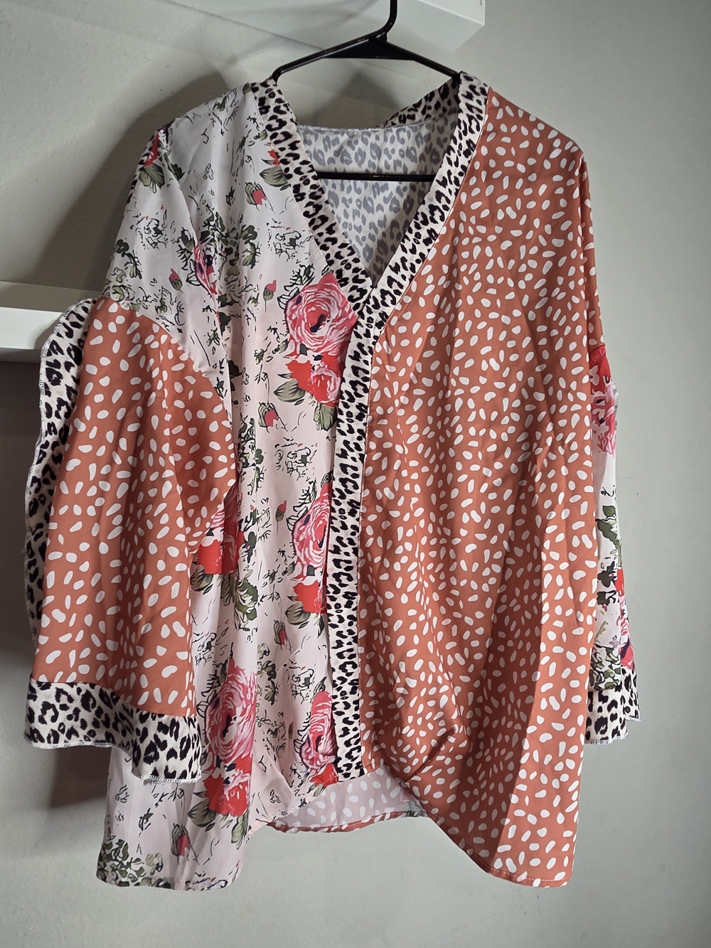 Floral & Polka Patchwork V-Neck Women’s Top - Pink/Rust
